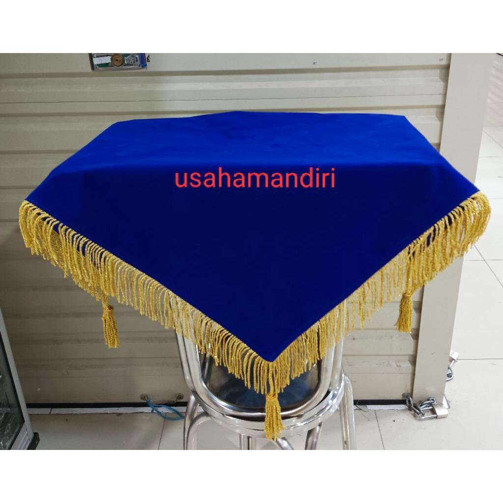 Jual alas baki/taplak baki warna biru polos bahan rumbai emas ukuran 72 ...