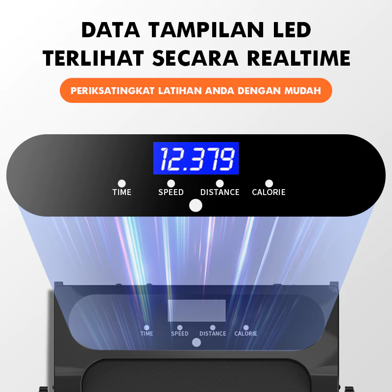 Panel kontrol digital Sonix Incline Treadmill STR01 menampilkan kecepatan, kalori, jarak, waktu