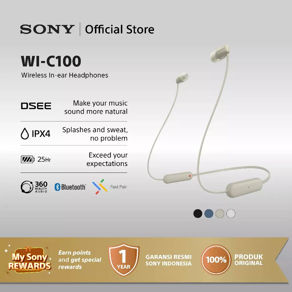 SONY WI-C100 In Ear Wireless Bluetooth Headset With Microphone For Android & IOS - Cream [Battery Up to 25h] Earphone Headphone