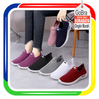 Gobra - SEP104 (Tanpa Kotak) Sepatu Sneakers Wanita Tanpa Tali Alas Bawah Tapak Putih 7 Pilihan Warna Size 36-40 Polos Simple Sport Bahan Rajut Ringan Jogging Olahraga Sepatu Cewek Sport Sepatu Cewek Casual Style