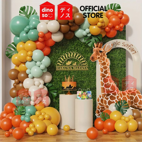 DINOSO 160pcs Hewan Garland Balon Safari Hutan Kit Lengkungan Balon Oranye Hijau Dekorasi Pesta Ulang Tahun