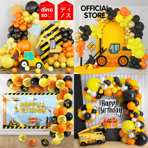 DINOSO Tema Konstruksi Kit Lengkungan Balon Balon Kuning Hitam Oranye Kuning untuk Perlengkapan Dekorasi Pesta Ulang Tahun