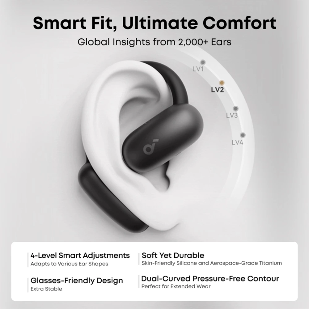 Soundcore by Anker AeroFit 2 OWS Hi-Res Wireless Audio AI Translation LDAC Bluetooth 5.4 IP55 AI Clear Calls Open Ear Adjustable