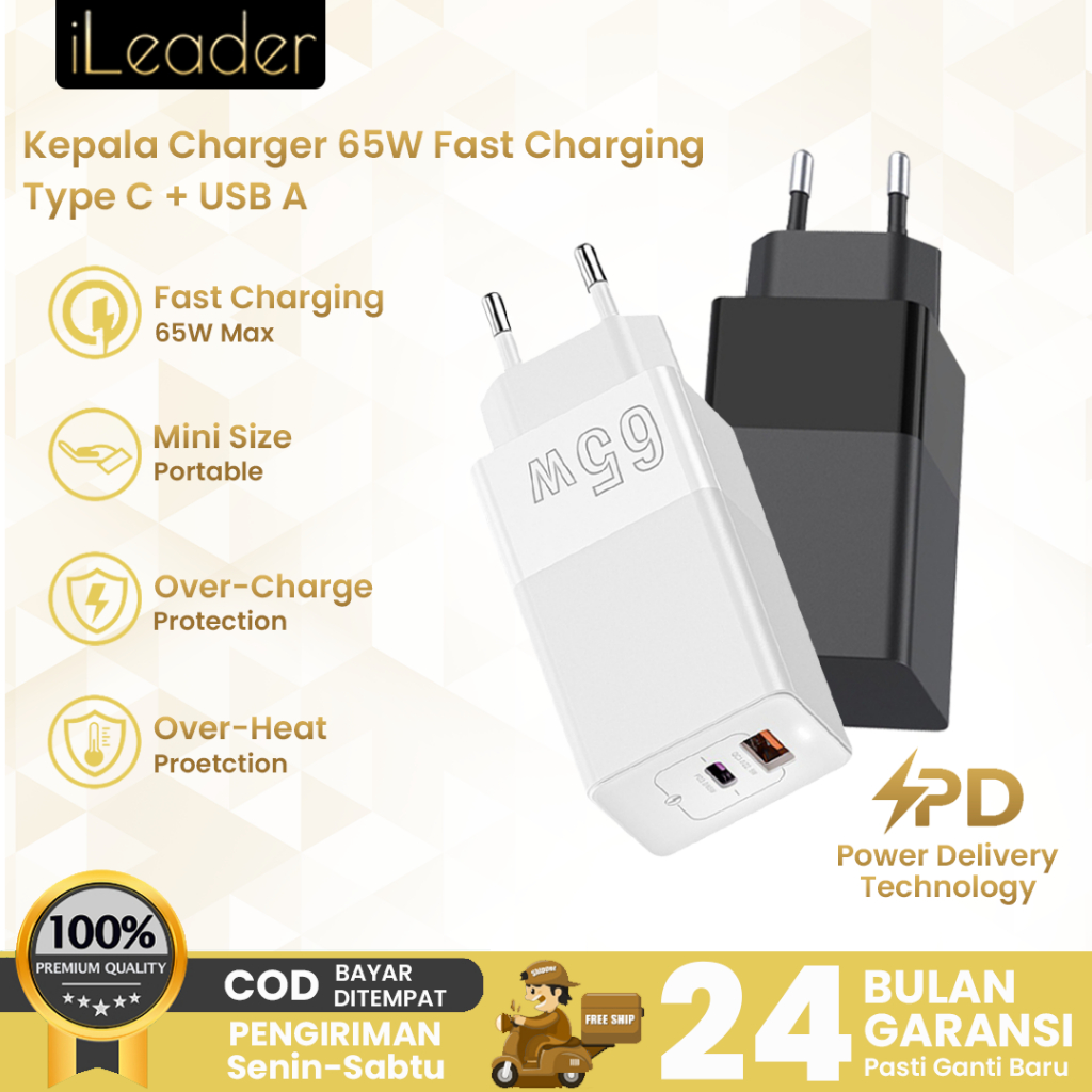 Jual iLeader 65W Kepala Charger Dual Ports Super Si PD QC Fast Charging ...