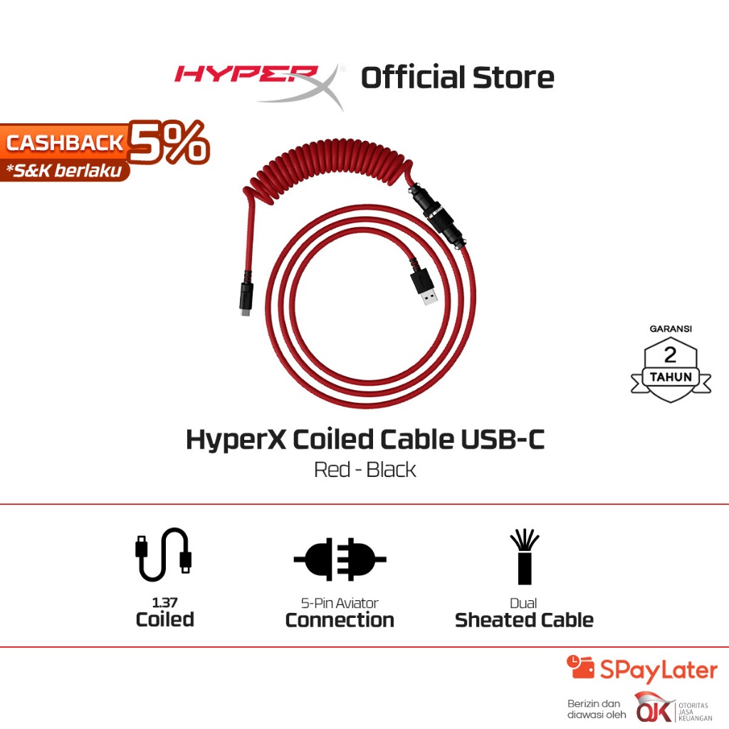 Jual HyperX USB-C Coiled Cable - Red-Black 1.37m Woven Mesh Nylon PET ...