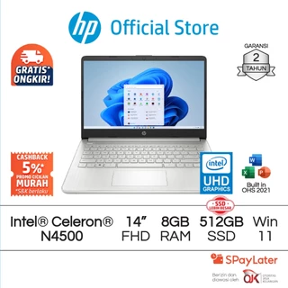 Laptop HP Intel Celeron N4500 UHD 8GB / 4GB RAM 256GB / 512GB SSD Silver / Gold / White Windows 11 Home 14 Inch Garansi 2 Tahun Promo Murah Gratis Ongkir Official Non Second