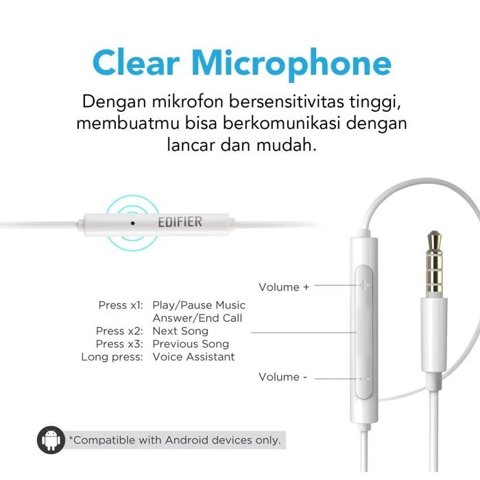 Edifier Earphone P180 Plus White-Earbuds with Remote and Mic - 1 Tahun Garansi