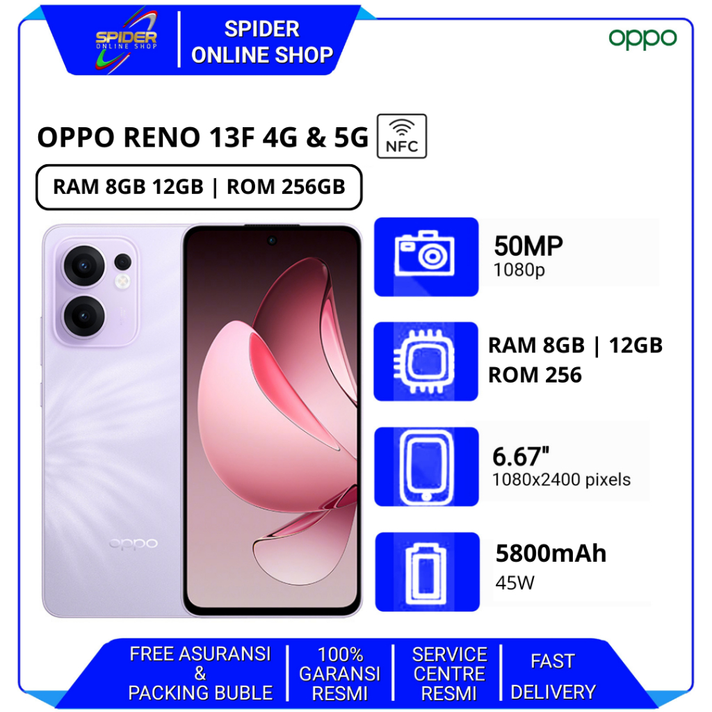 Jual OPPO RENO 13 F 4G & 5G NFC RAM 8/256GB & 12/256GB GARANSI RESMI ...