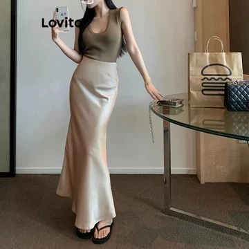 Rok Satin Silk Mermaid A Line Maxi Premium Anggun Flowy Look Korean Elegan Warna Ivory Champagne