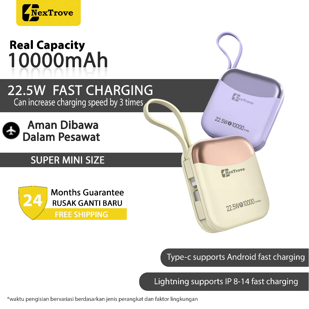 NEXTROVE Powerbank 22.5W Fast Charging Mini 10000mAh（Real Capacity） Power Bank Built in Cable (Lightning & Type C) For iP Android - LED Display