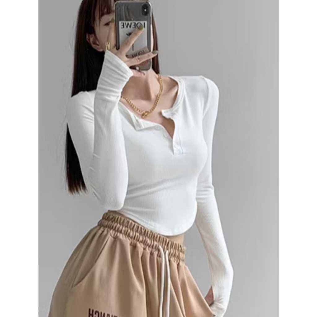 Jual Ribben Henley Crop Top - Crop Top Long Sleeve Kaos Crop Lengan ...