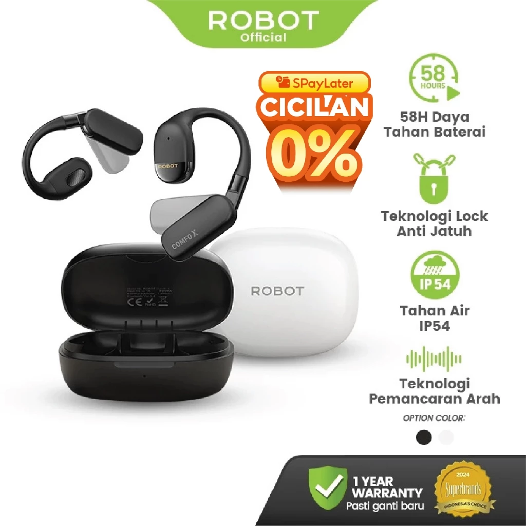 ROBOT Earphone OWS Comfo X Earphone Bluetooth V5.4 | Teknologi Anti Jatuh & Lipat, Cocok Semua Telinga Aman Saat Olahraga