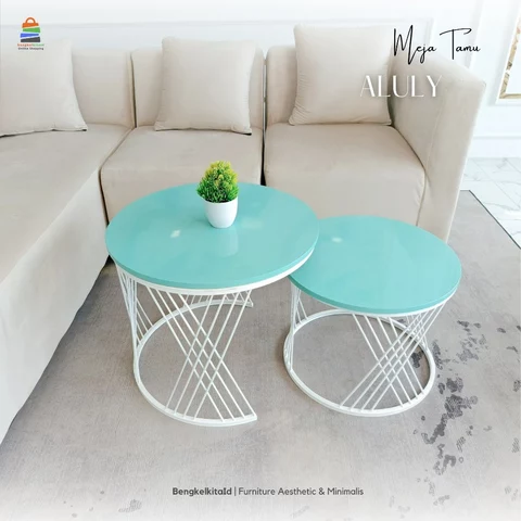 Meja Tamu Bulat Aesthetic Meja Sofa Minimalis - MEJA ALULY - Susun 2 in 1 Nesting Table Duco Pink Tosca Gold