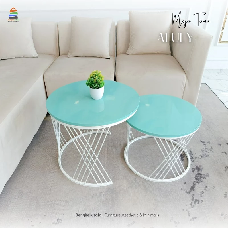 Meja Tamu Bulat Aesthetic Meja Sofa Minimalis - MEJA ALULY - Susun 2 in 1 Nesting Table Duco Pink Tosca Gold