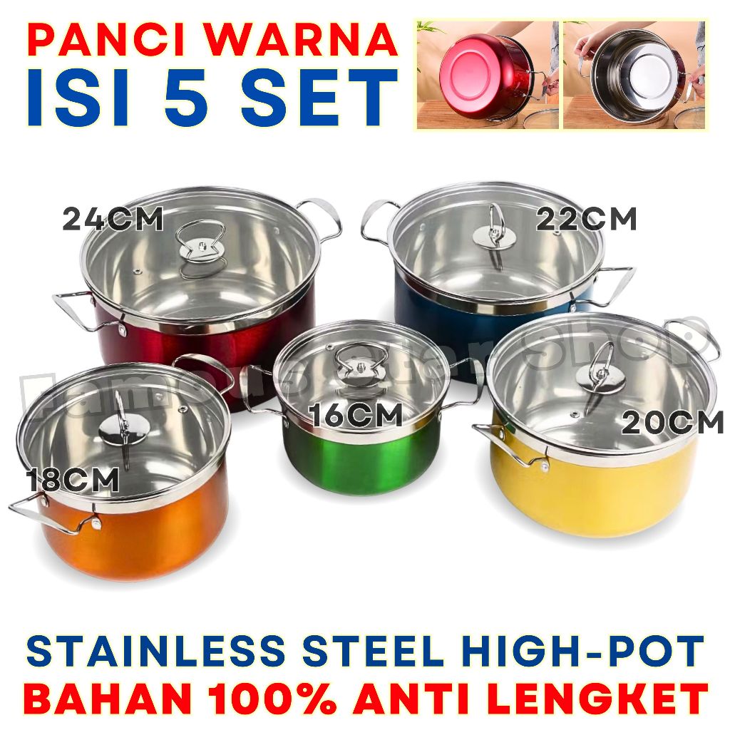 Jual Panci Set Anti Lengket Stainless Steel Warna 5 Set ( 10pcs ) Tutup