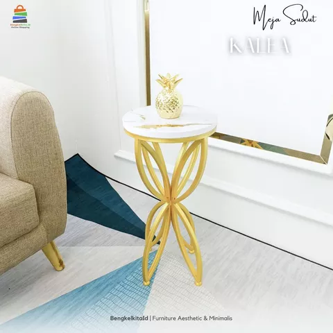 Meja Sudut Aesthetic Meja Samping Sofa - MEJA KALEA - Bulat D30cm Besi Holo Marmer Mewah