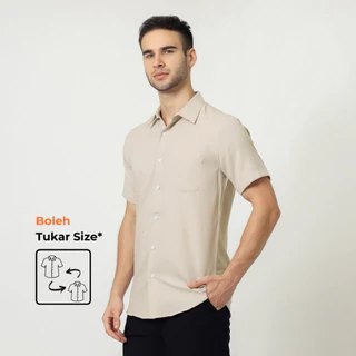 ALMANO Eston Shirt SS Cream / Kemeja Pria Slim Fit Polos Pendek Coklat Krem