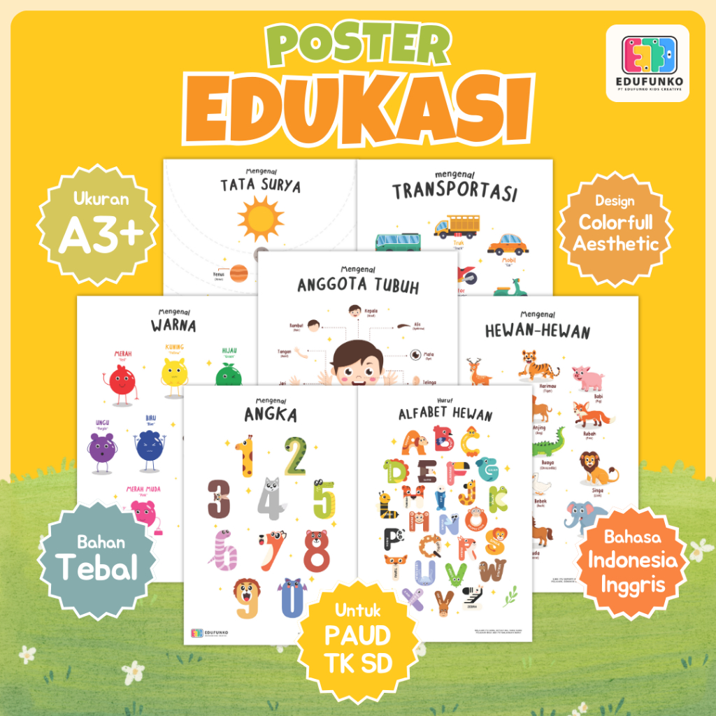 Jual Poster Edukasi Anak Belajar ABC Angka Warna Hewan Untuk Balita ...