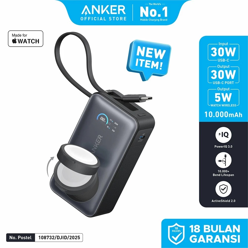 Anker MagGo Power Bank for Apple Watch 10,000 mAh Compact Battery Pack with Built-In USB-C Cable 35W Max