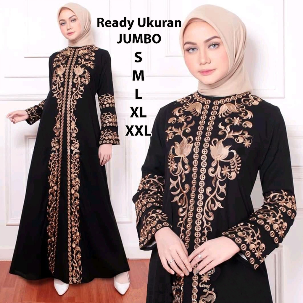 Baju Gamis Abaya Turkey Wanita Terbaru Lebaran Hut kemerdekaan Ri 17 Agustus  Bordir Jetblack Dubai Hitam Remaja Dress Arab