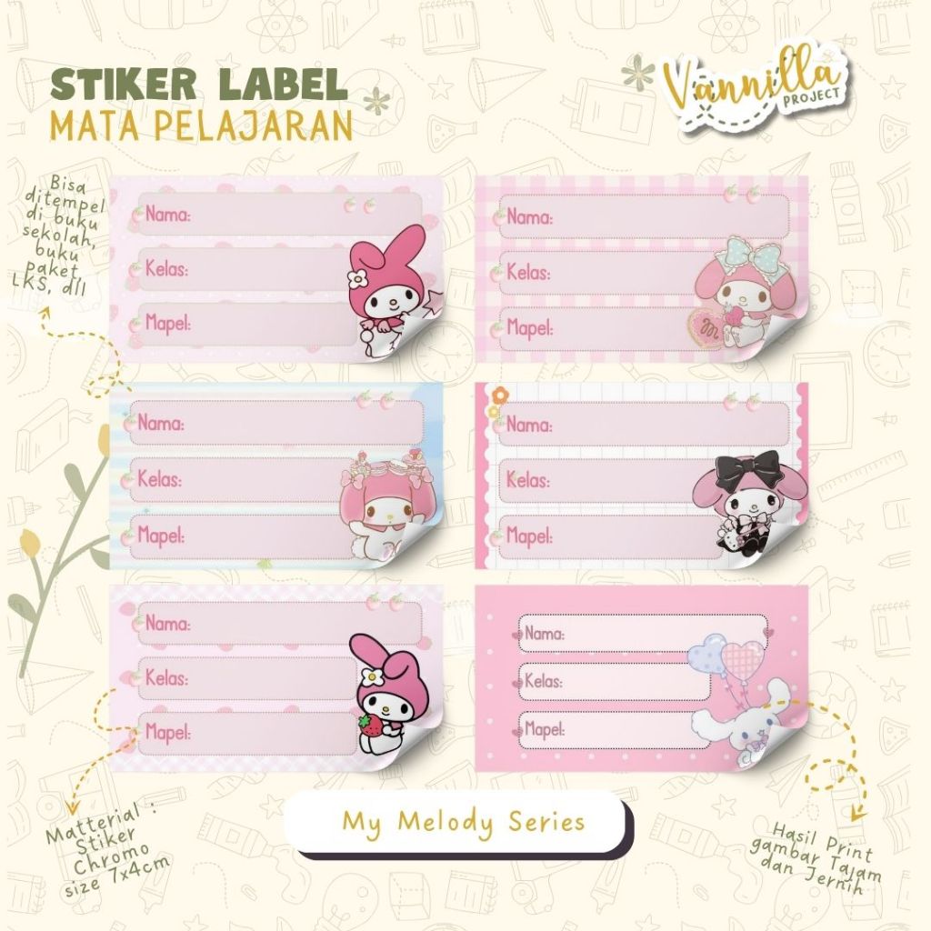 Jual 40 PCS STIKER MATA PELAJARAN MY MELODY SANRIO STIKER LABEL NAMA ...