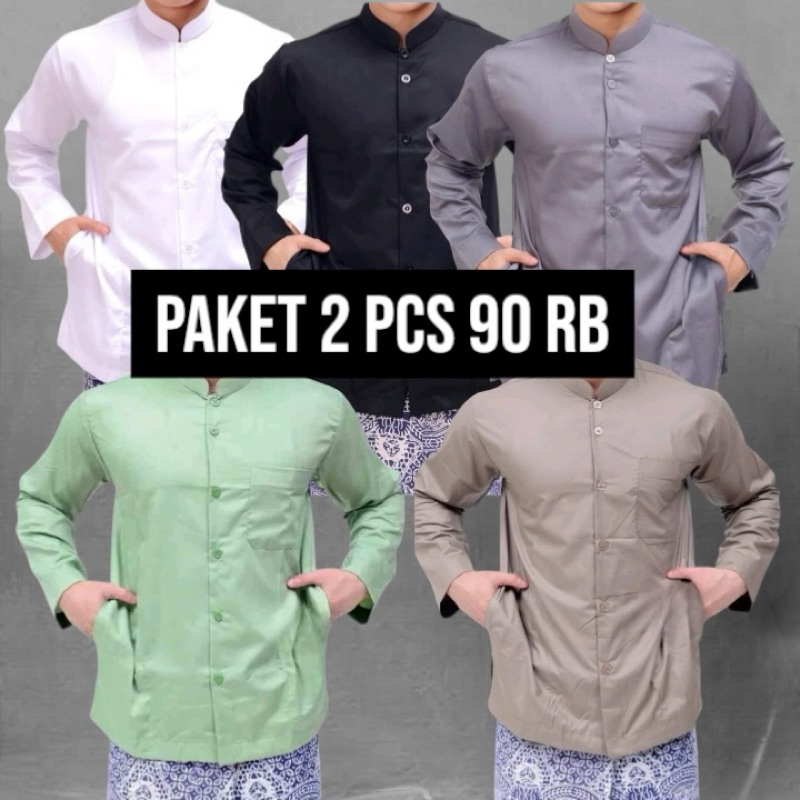 90 Rb 2 Pcs Baju Koko Haibah Pria Dewasa Lengan Panjang Saku Samping Polos