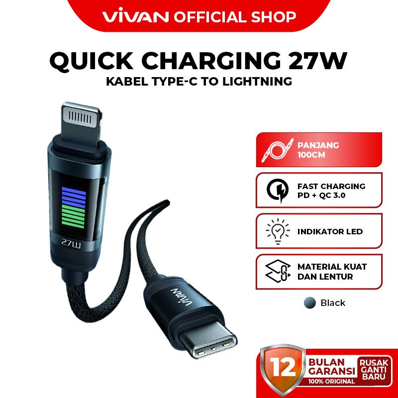 Jual VIVAN Kabel Data Type C to Lightning VICL100S Fast Charging 3A 27W ...