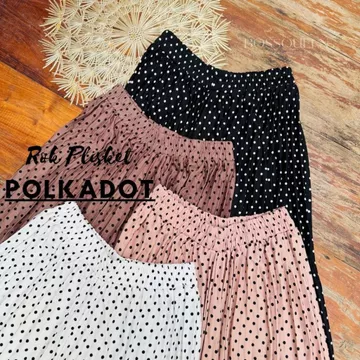 Rok Plisket Panjang Wanita Motif Polkadot Kecil Rok Polca Maxi Skirt A Line Rok Onde