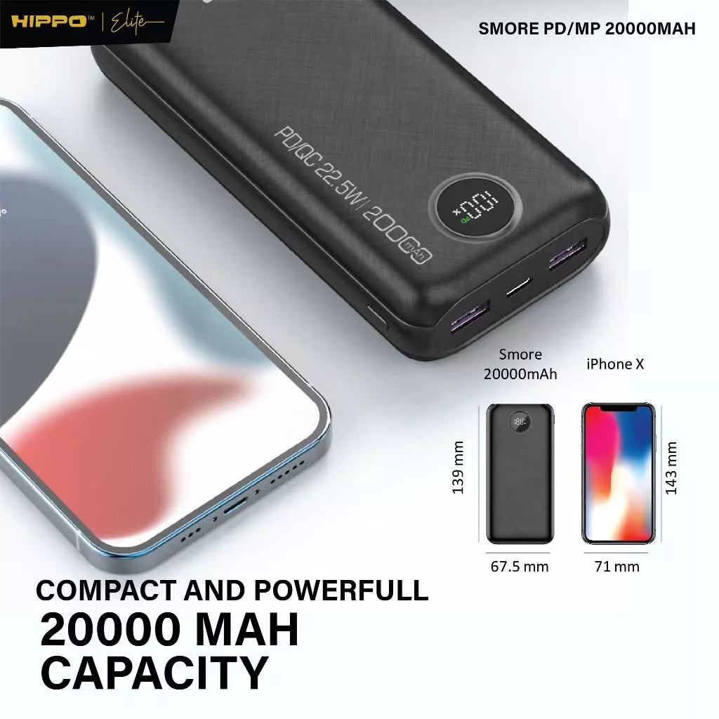 Hippo Powerbank Smore PD 22,5W 20000mAh Quick Fast Charging Power Bank Type C Power Delivery QC 5 2 Port Output