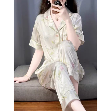 Set Piyama Wanita Satin Premium Langsing Lengan Pendek Celana Panjang Motif Eksklusif Baju