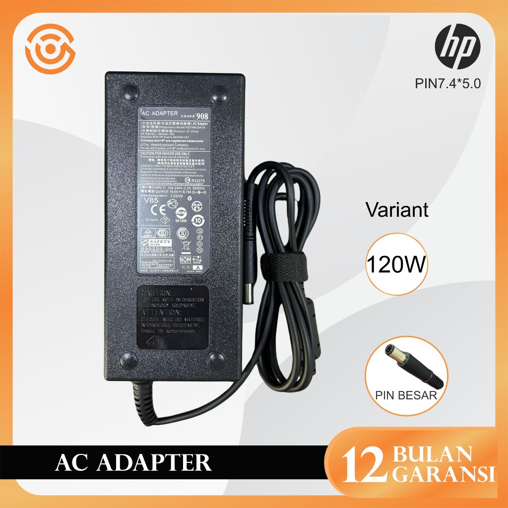 Chargeur HP 120W D'origine – 19,5V 6,15A (7,4x5mm), Occasion Fonctionnel