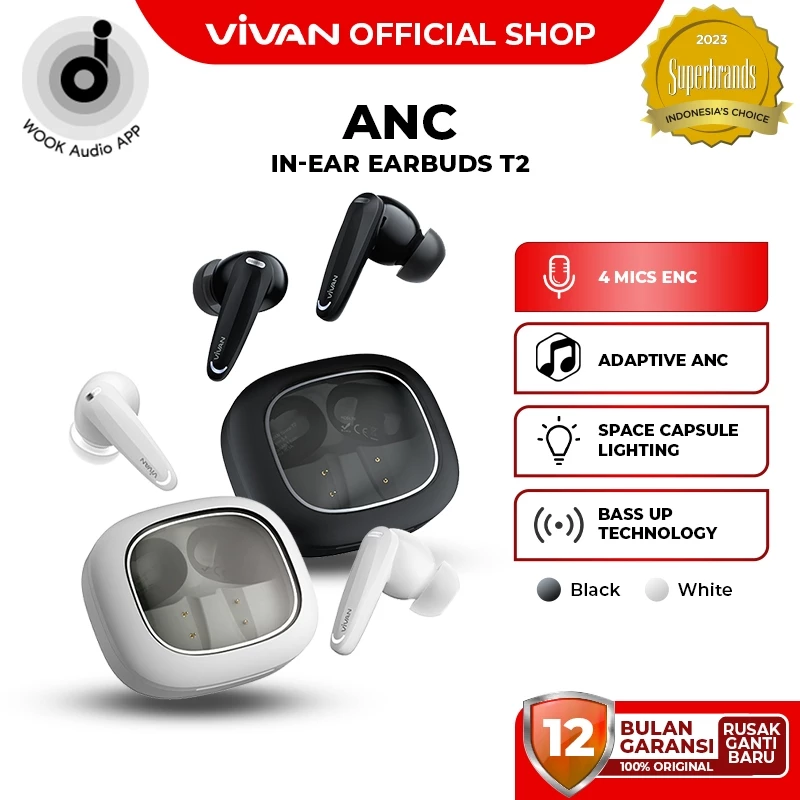 VIVAN Space T2 TWS Earbuds ANC ENC 42H Playtime 10MM Bass Driver BT5.4 Wook Audio Garansi 12 Bulan