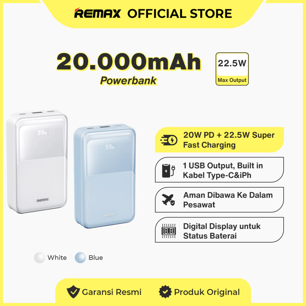 Remax Powerbank Fast 20000mAh Flight Friendly 22,5W+20W Build Cable Type-C+iPh RPP-21