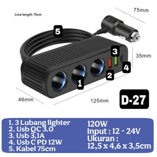 Jual HT- Socket Lighter Extension Car 120W USB Cigarette Splitter ...