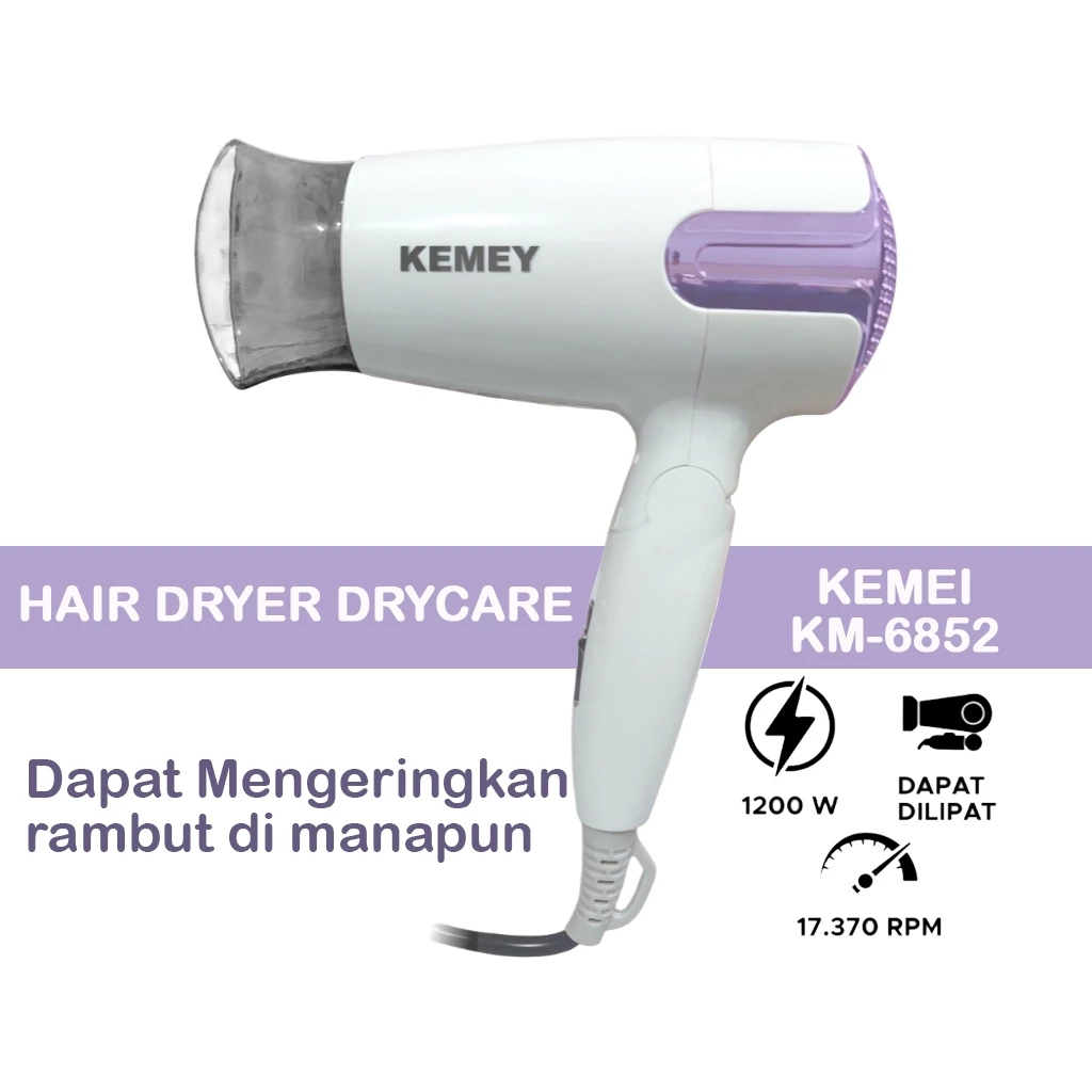 Kemei KM-6852 Hair Dryer Pengering Rambut Mini Folding 1200 Watt Gagang Dapat Dilipat | AutoStock