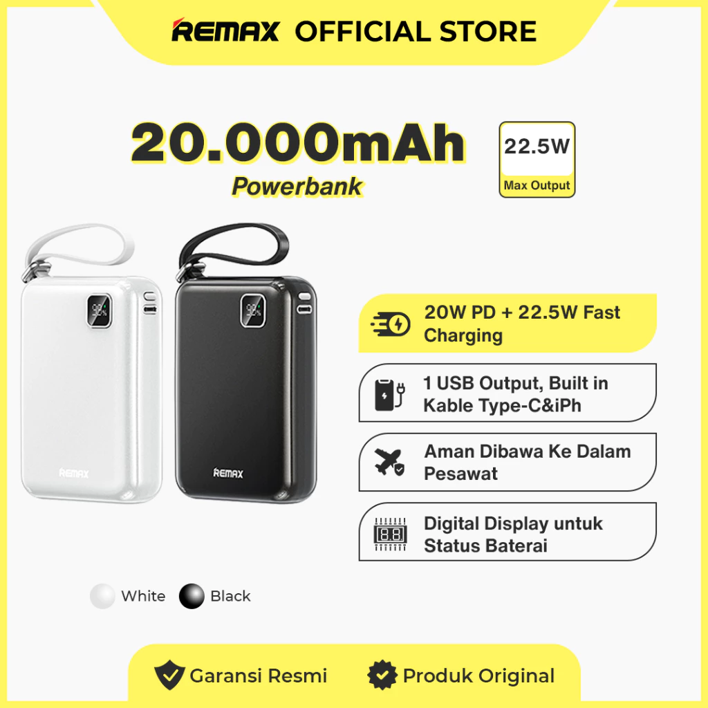 Remax Powerbank 20000mAh Flight Friendly Fast Charging 22,5W+20W Build Cable Type-C+iPh RPP-663