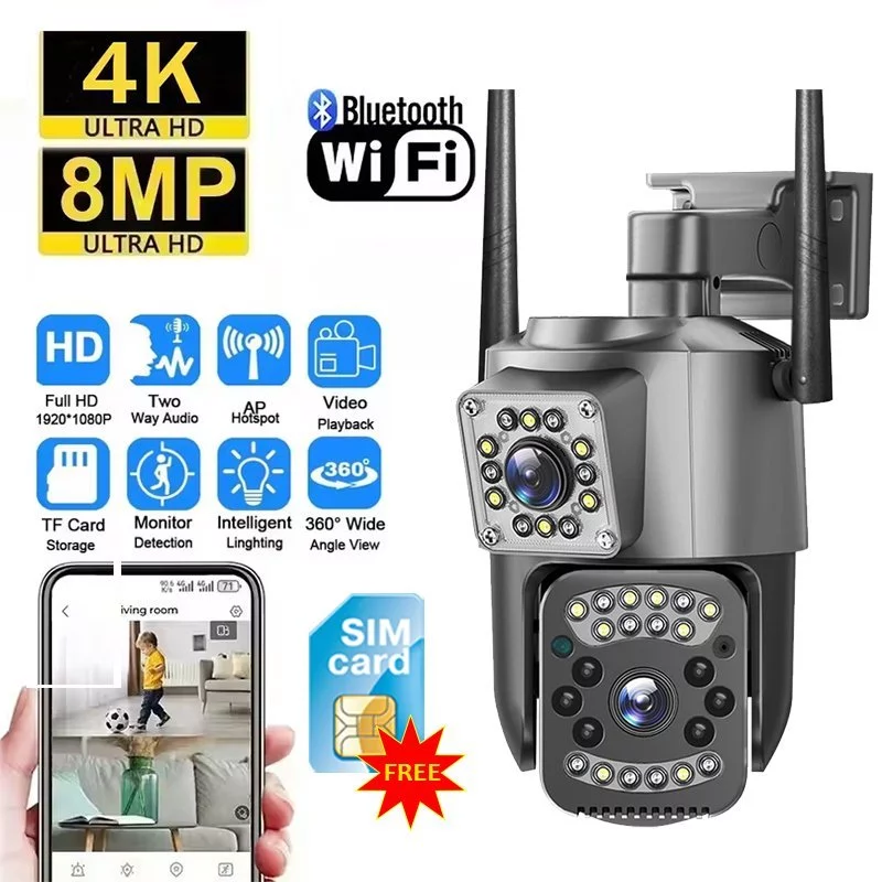 Cctv v380 pro dual lens 8mp wifi 4g sim card waterproof night