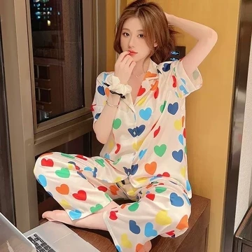 Set Piyama Wanita Satin Premium Langsing Lengan Pendek Celana Panjang Motif Eksklusif Baju