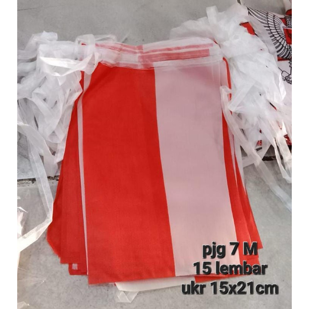 Bendera Merah Putih kain + Tali Tinggal Pasang/Promo Kemerdekaan Indonesia panjang 7 m 15 lembar ukuran 14x21cm dan lampion tabung kertas merah putih garuda D 16cm