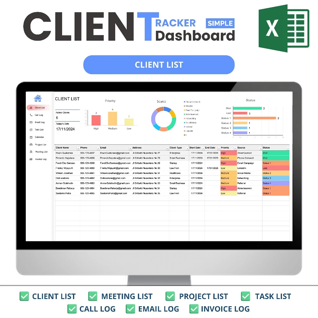 Jual Excel Client Tracker CRM Dashboard, Small Business Template, Excel ...