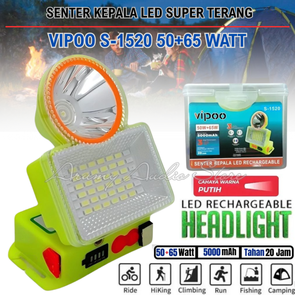 Jual MODEL TERBARU // Senter Kepala LED 50W + 65W VIPOO S-1520 ...