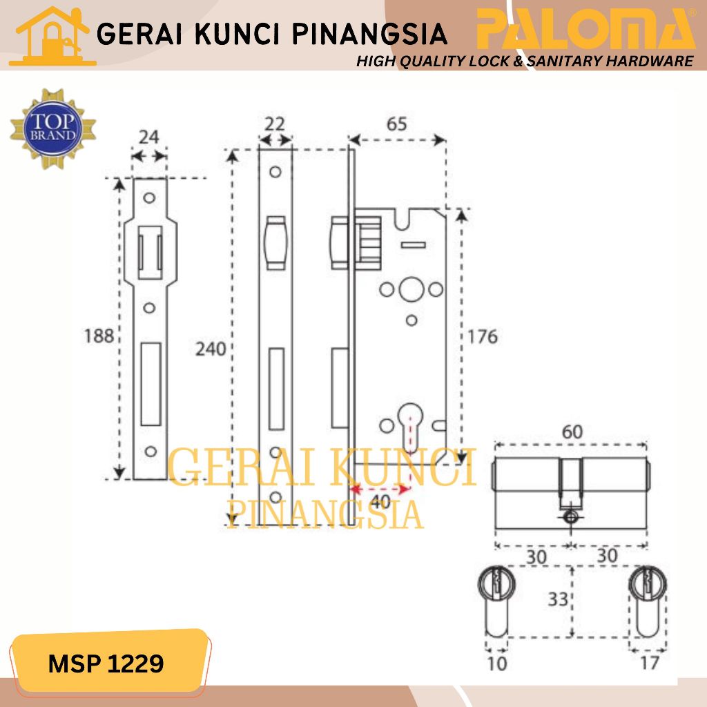 Jual PALOMA MSP 1229 Paket Body Kunci Mortise Lock Roller Silinder Set ...
