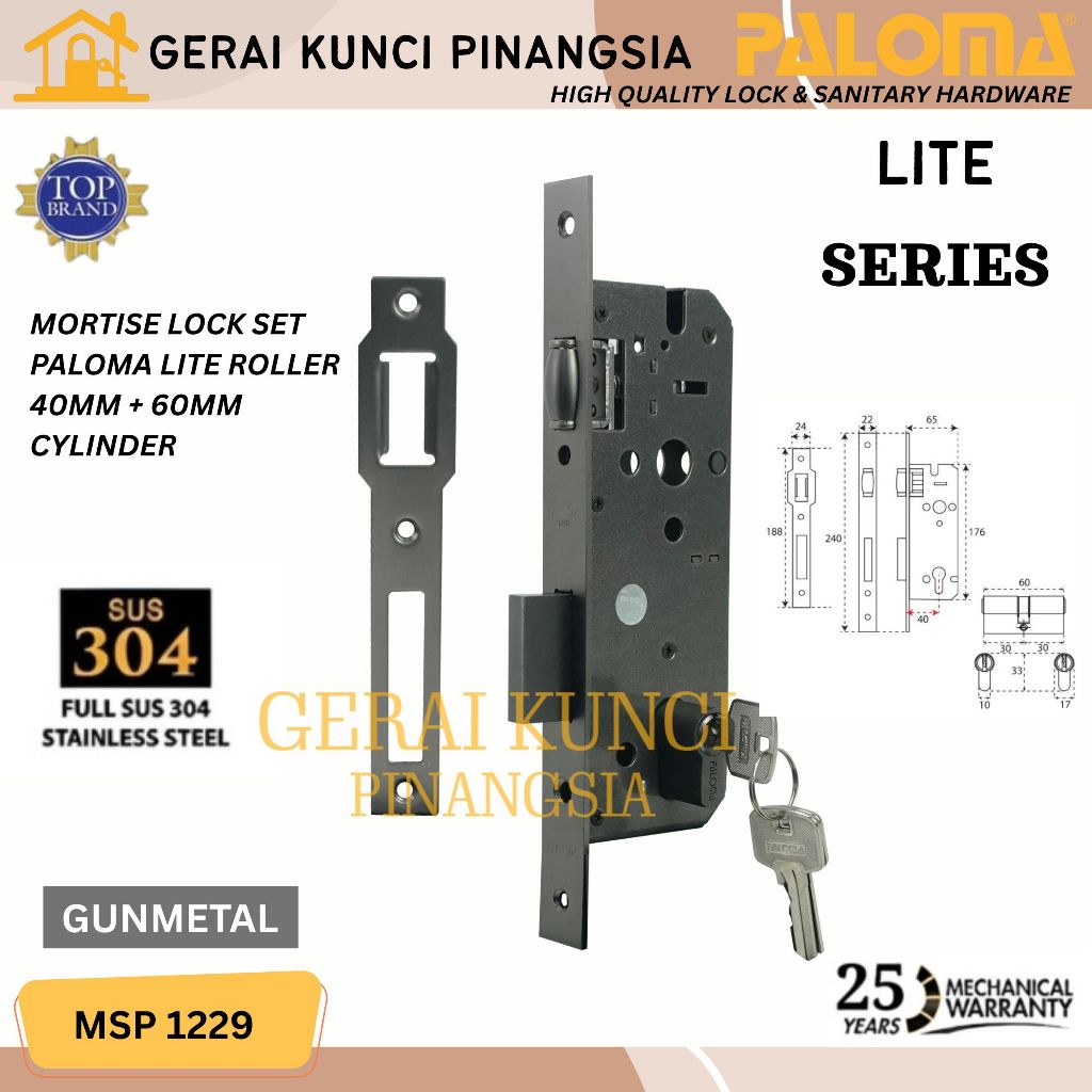 Jual PALOMA MSP 1229 Paket Body Kunci Mortise Lock Roller Silinder Set ...