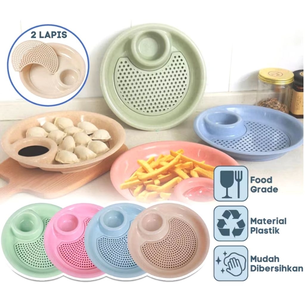 Jual Piring Pangsit Dimsum 2 Lapis Dengan Tirisan Piring plastik bulat ...
