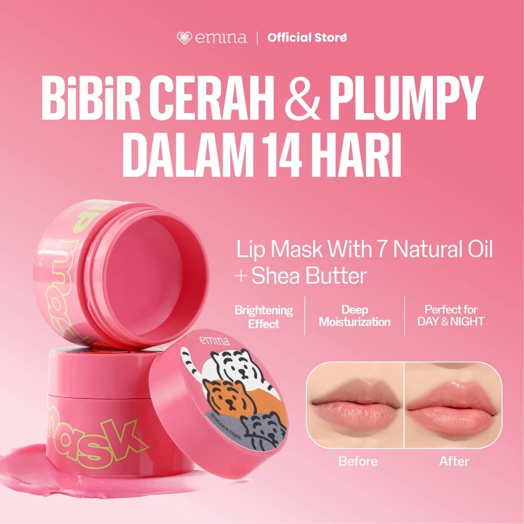 Emina Lip Mask dan Muzik Tiger 9 g - Masker Bibir Lembab dan Mencerahkan dengan High-Moisture Tech