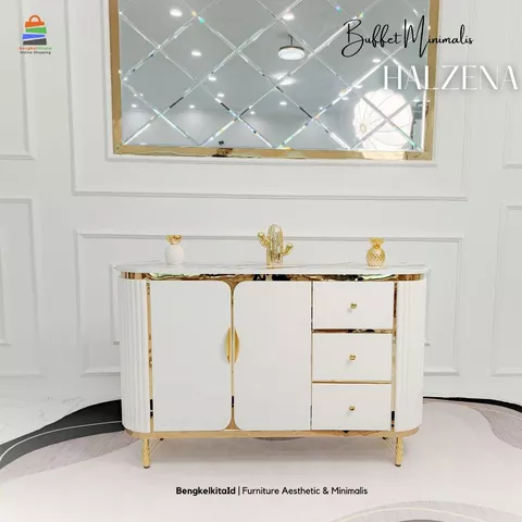 Meja TV Aesthetic Meja Buffet TV Kayu Solid - MEJA HALZENA - 140cm Laci Pintu Cat Duco Glossy