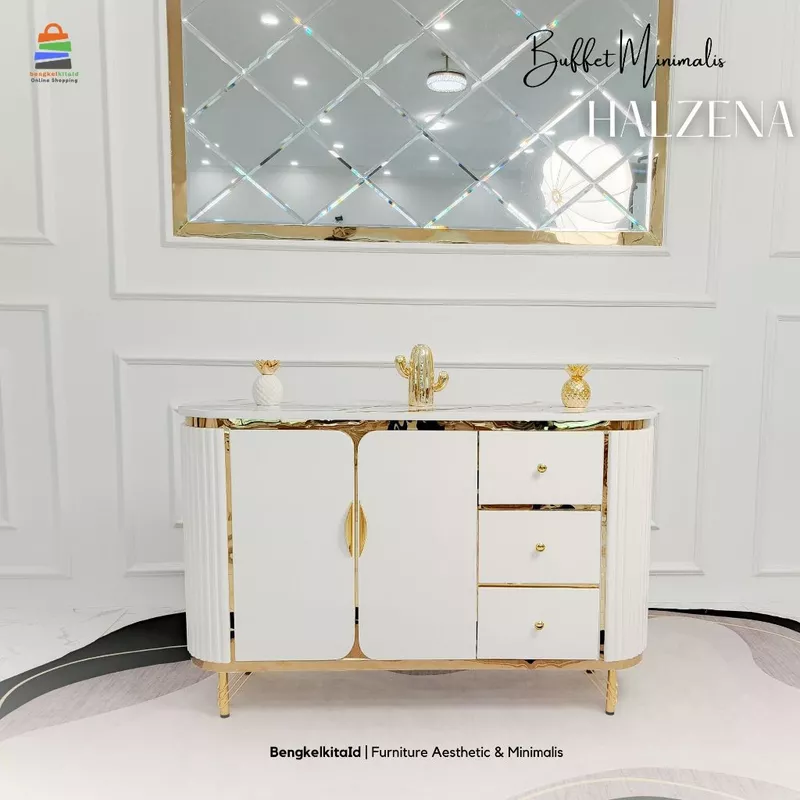 Meja TV Aesthetic Meja Buffet TV Kayu Solid - MEJA HALZENA - 140cm Laci Pintu Cat Duco Glossy