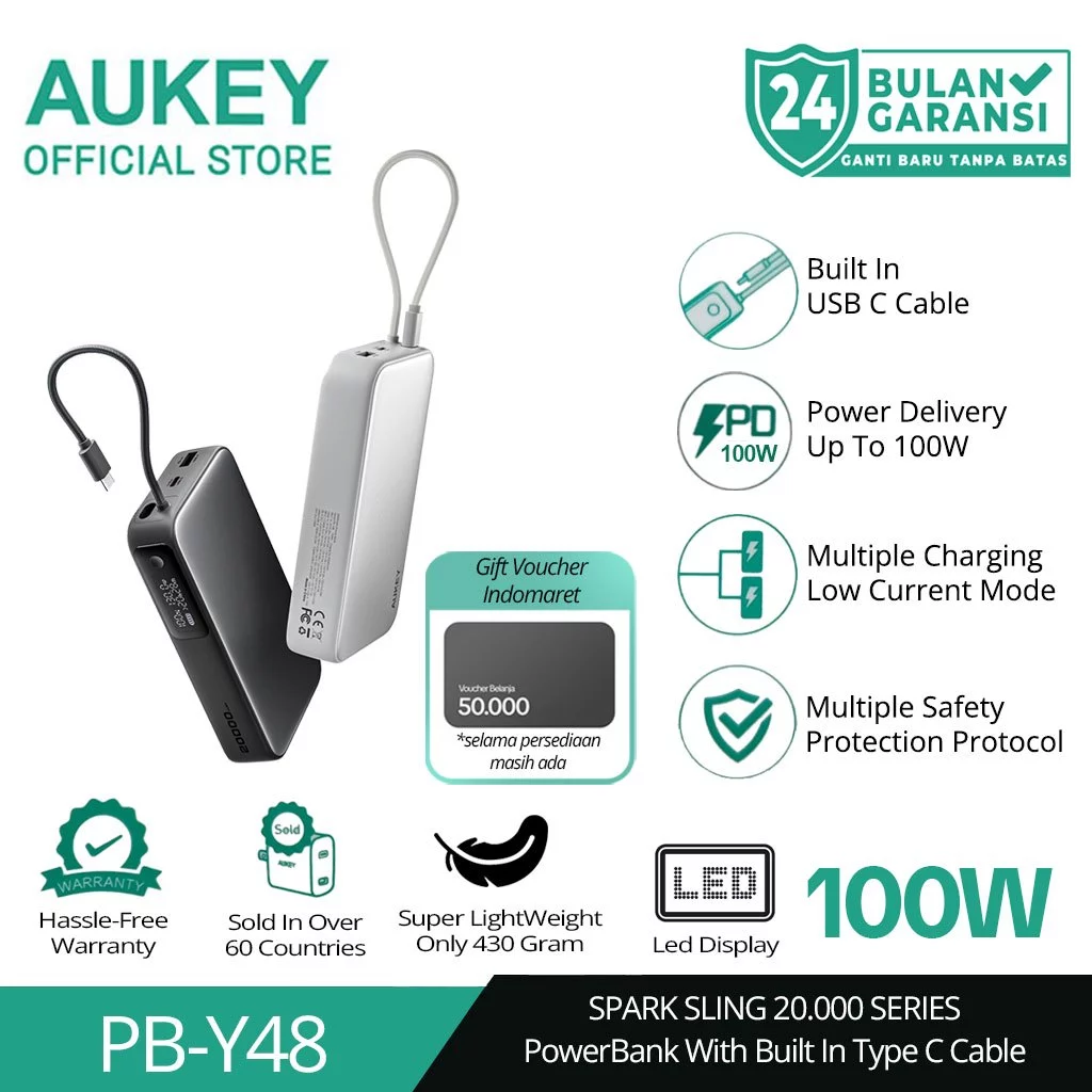 AUKEY Powerbank 20000mAh 100W Built In Cable Fast Charging Spark Sling PB-Y48