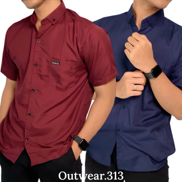 Paket 2 Pcs Kemeja Cowok Lengan Pendek Polos Kasual Bahan Katun Adem Slim Fit