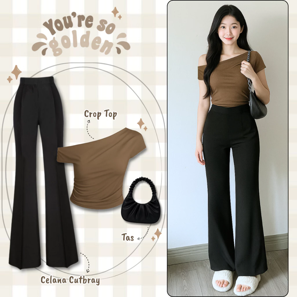Oneset Wanita 3in1 Angela ( Blouse Angel Top Layer Milo + Celana Cutbray Scuba Hitam Premium + Shoulder Bag Kerut Hitam ) Outfit Wanita Korea Style Elegan Casual Kekinian OOTD Remaja & Dewasa Simpel Elegan untuk Hangout & Daily – BE191